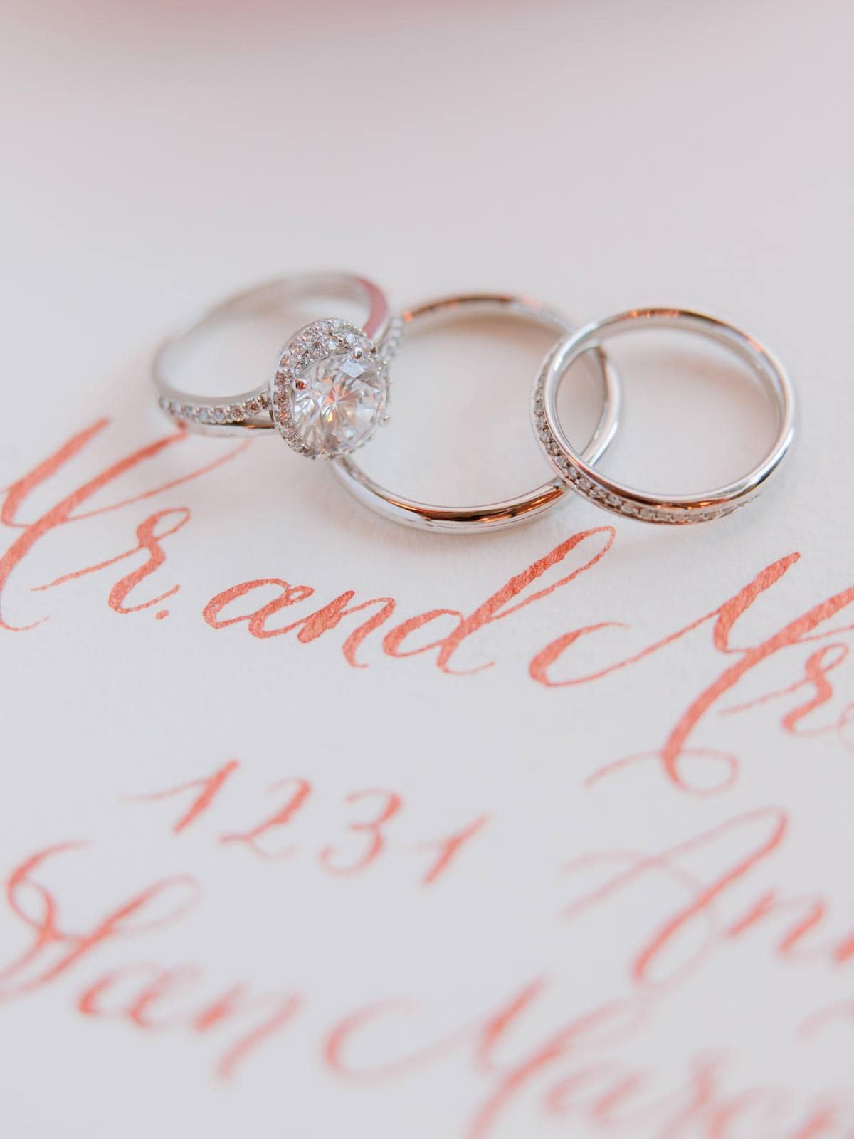 engagement ring and wedding bands