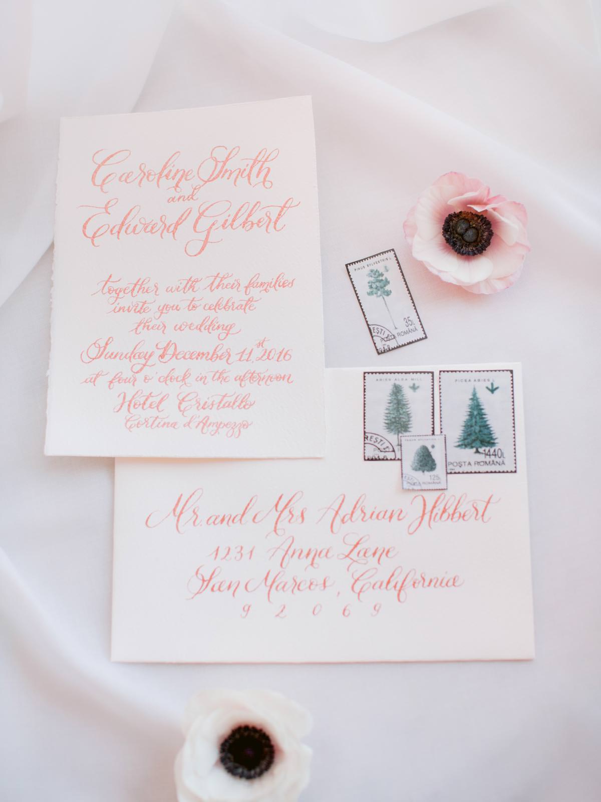 wedding invitation for a winter wedding on the snow in italy
