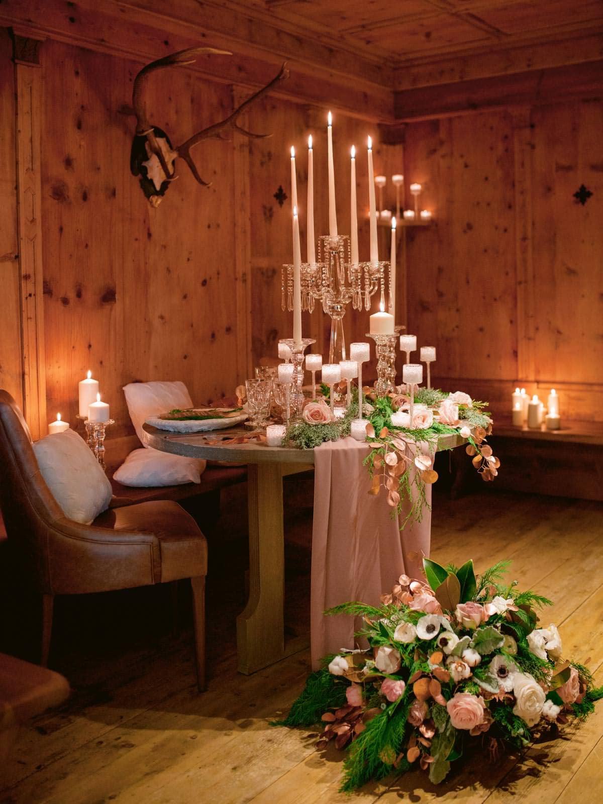 stunning super romantic wedding dinner table setting in Hotel cristallo