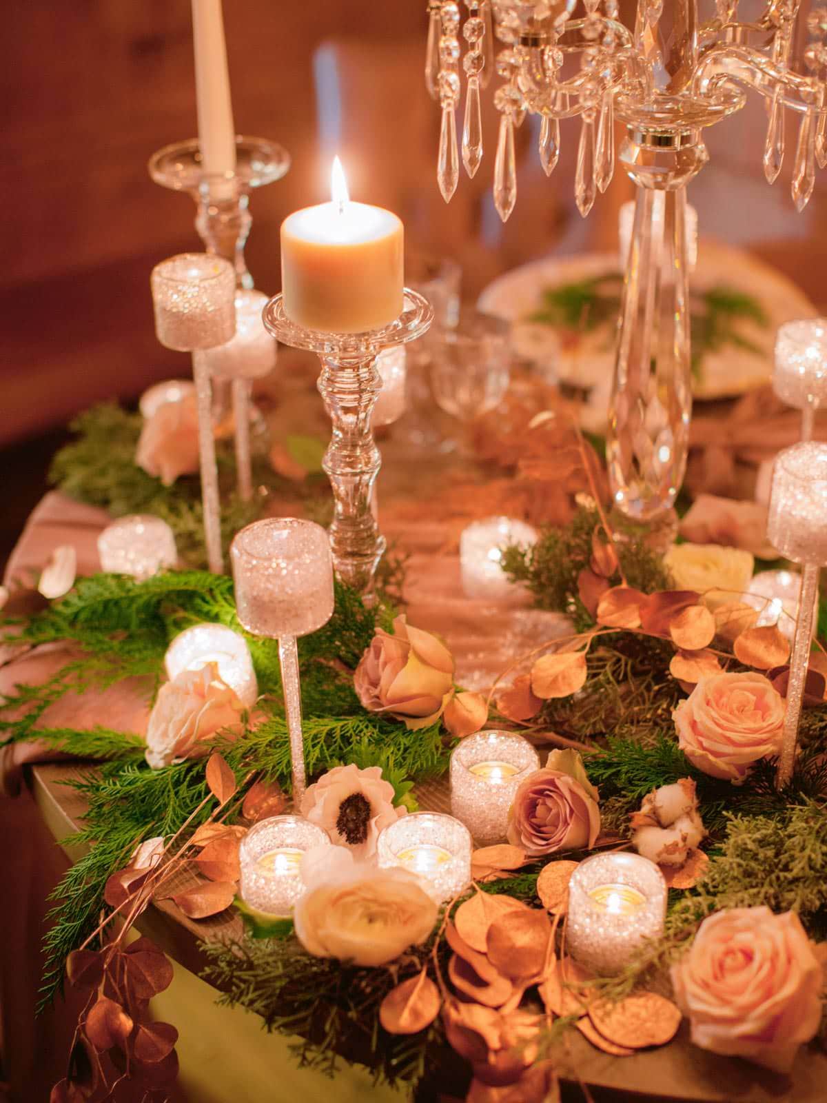 romantic candlelit winter wedding dinner table setting